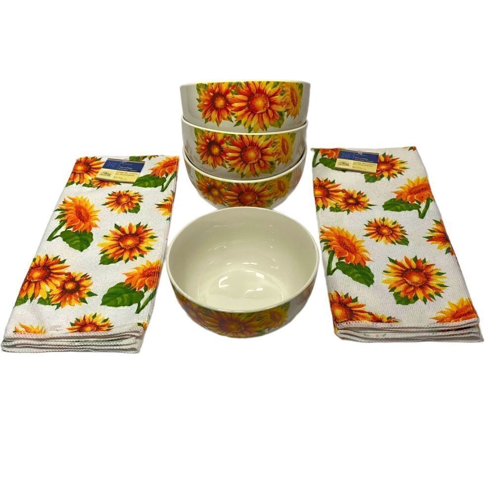 NWT 4 Sunflower Cereal Bowls with Matching Hand Towels